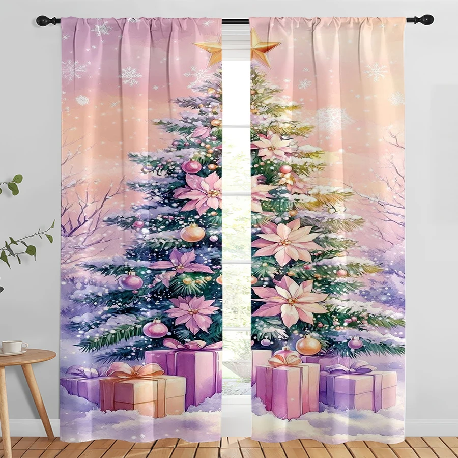 2PCS Christmas Digital Print Curtains, Pink Xmas Tree Gift Boxes Pastel Dreamy, Cute for Living Room Bedroom Window Decor