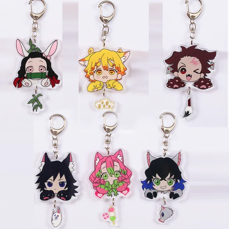 Cartoon Anime Keychains Demon Slayer Keychain Tanjirou Kamado Nezuko Tomioka Giyuu Kimetsu No Yaiba Acrylic Key Ring Cute Funny