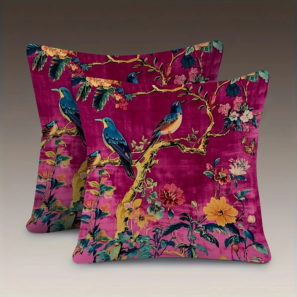 1-Piece Chinese Style Bird & Flower Theme Pillow Cover, Zippered & Machine Washable, Universal for Living Room & Bedroom