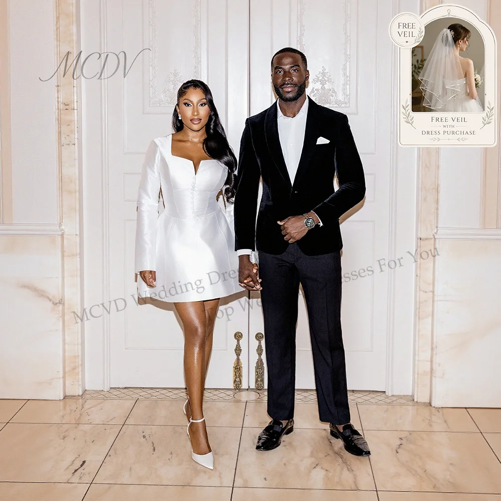 Civil Mini Wedding Dresses For Bride V-Neck Full Sleeve Simple Satin Bride Gowns African vestidos de novia elegante Customized
