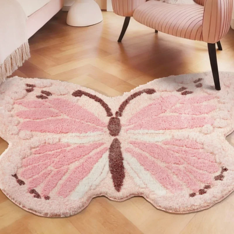 100x100cm Pink Butterfly Rug Plush Floor Mat Machine Washable Kawaii Bedroom Bedside Carpet Kids Room Cloakroom Decor