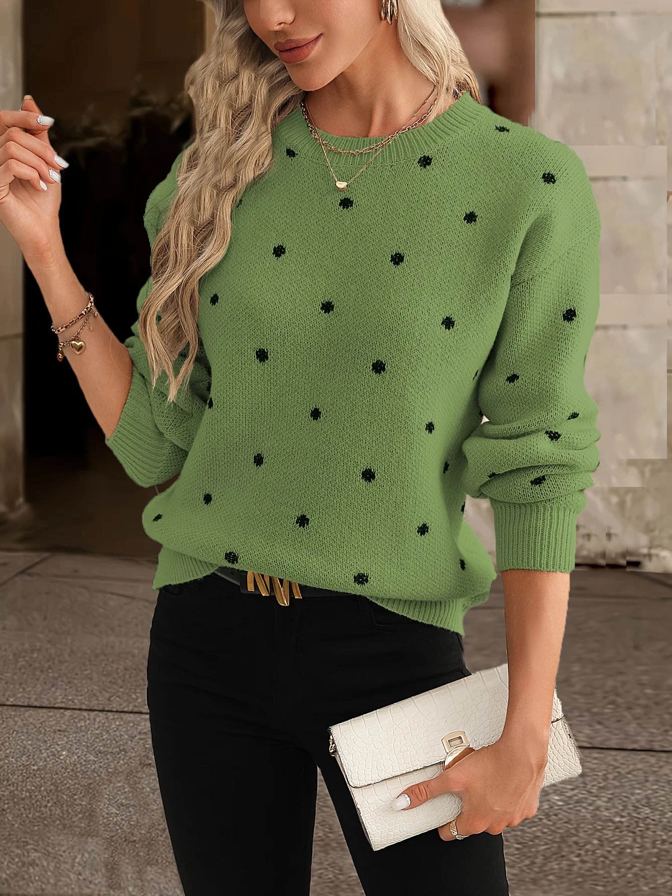 

Miyouj Autumn Winter O-Neck Dot Print Sweater Women Casual Fashion Long Sleeve Pullovers Top Solid Color Clothes Female Knitwear