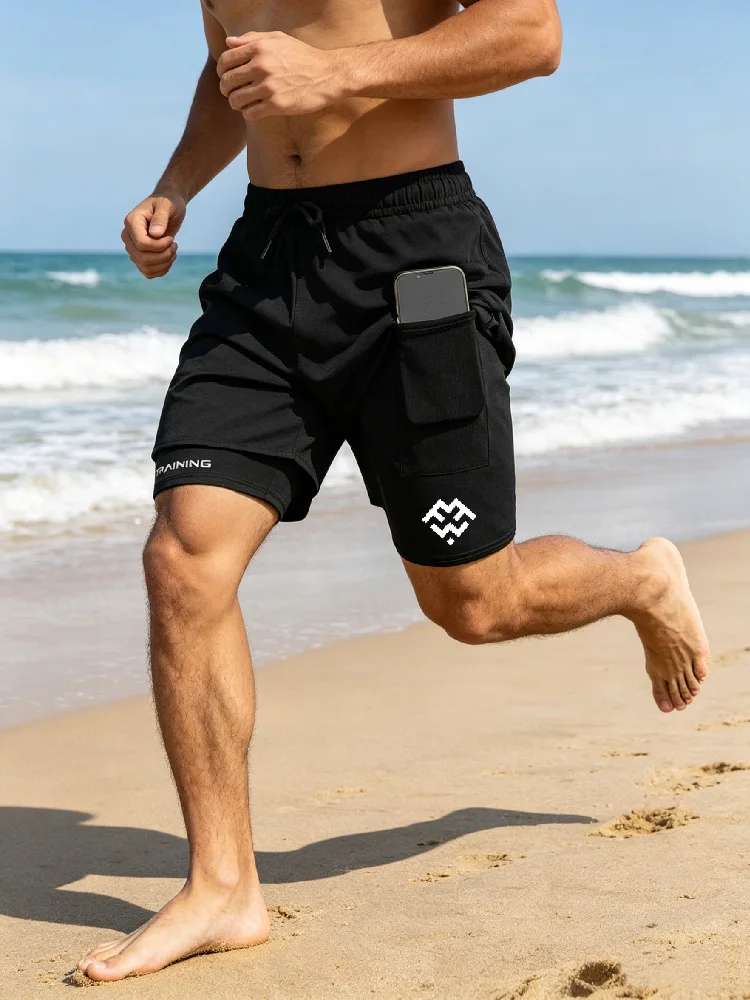 Men's Quick-Drying Four-Way Elastic Sports Running Pants Casual Beach Fitness Two-Piece Shorts Set Fake Suit for Active Wear