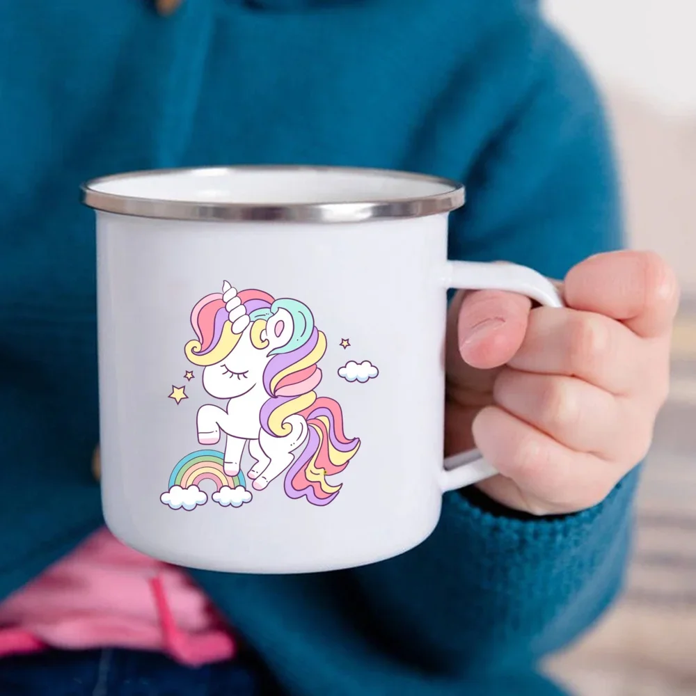 Cartoon Unicorn Printed Creative Mug Water Juice Drinks Milk Cup Enamel Mugs Handle Drinkware Kids Birthday Children\'s Day Gift