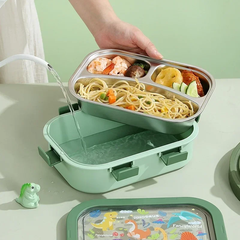 Stainless Steel Cartoon Lunch Box Compartmented Bento Box with Spoon Fork Sealed Leak-proof Lunch Box Food Storage Container