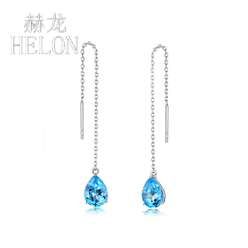 HELON Solid 18k White Gold 5X8mm Pear Natural Blue Topaz Drop Earrings Gemstone Chain Earrings Women Trendy Party Fine Jewelry