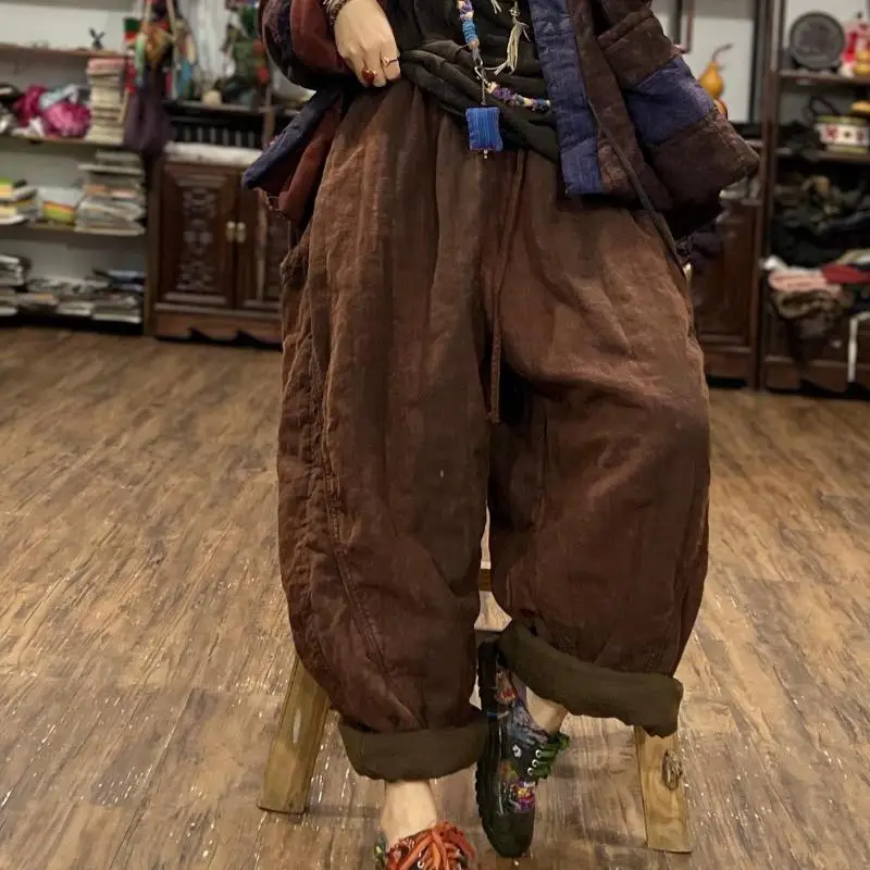 Autumn Winter New Arts Style Women Elastic Waist Loose Ankle-length Pants Thicken Warm Cotton Linen Harem Pants High Quality