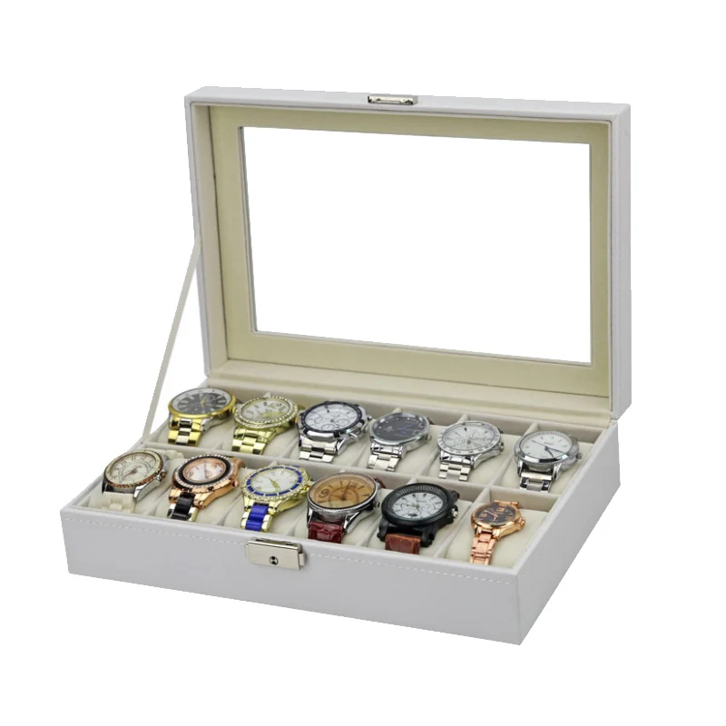 12 Slots Professional Watch Box Holder Storage Case Organizer White PU Leather Watch Display Box regalos para hombre 30x20x8cm