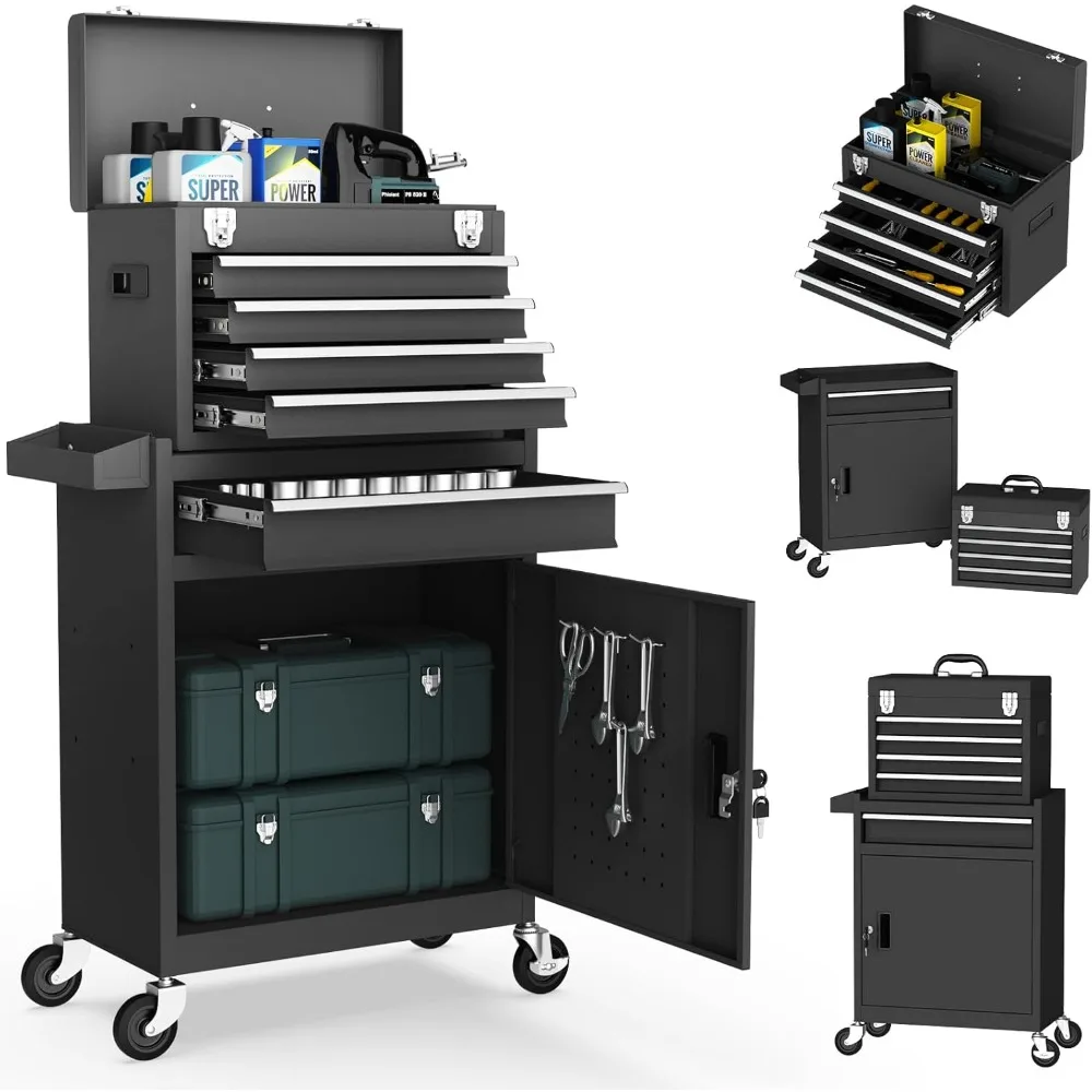 5-Drawers Black Rolling Tool Chest - 2-in-1 Mechanic Rolling Tool Box with Removable Lockable Storage-Heavy Duty Metal Tool Cart