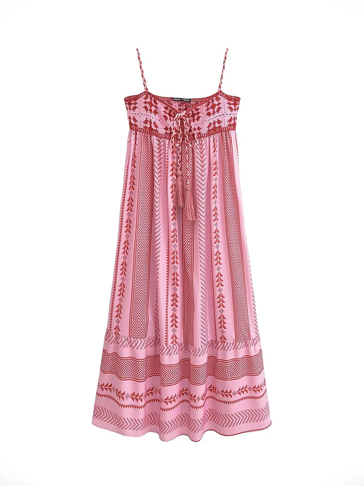 Women Vintage Knitted Patchwork Slip Dress Summer Boho Fashion Sleeveless Midi Dresses Female Elegant Beach Long Dress TRAF