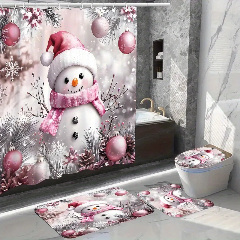 4PCS Christmas Polyester Shower Set, Woven Design, 12 Hooks, Toilet Seat Cover, Non-Slip Mat, Bathroom Decor