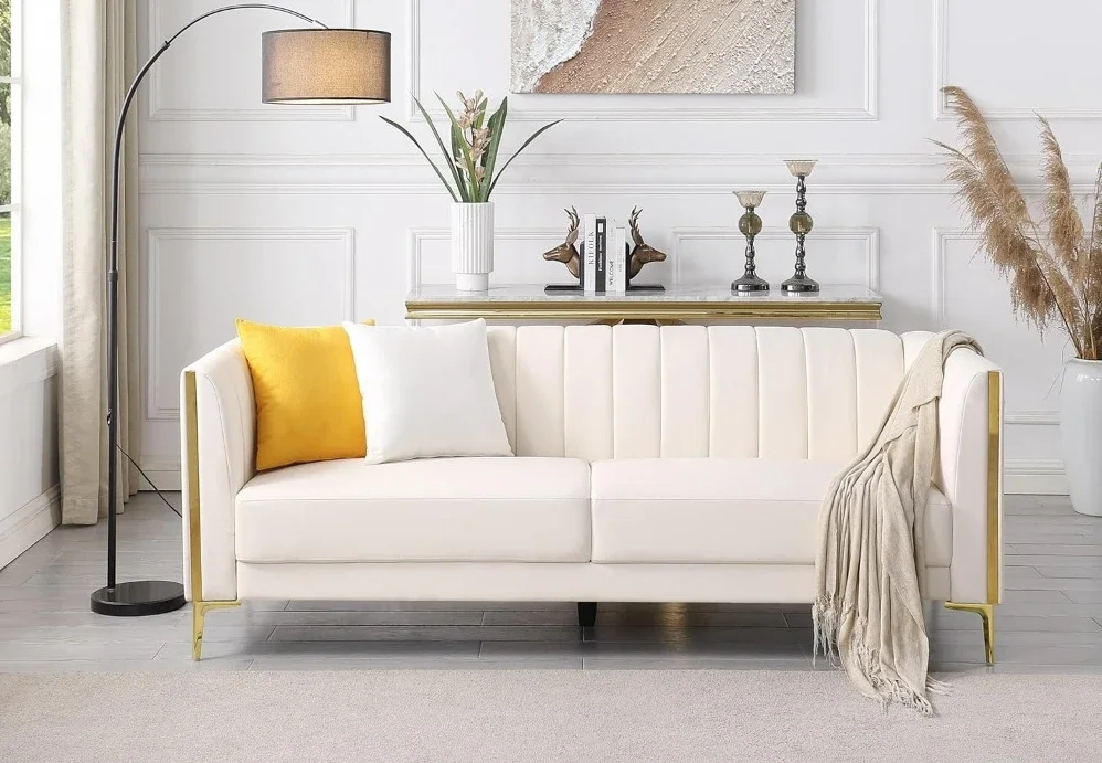 Fashion 78'' Sofa, Modern White Couches, Faux Leather Sofas 3 Seater Sofas With 2 Throw Pillows And Metal Legs, Sofa