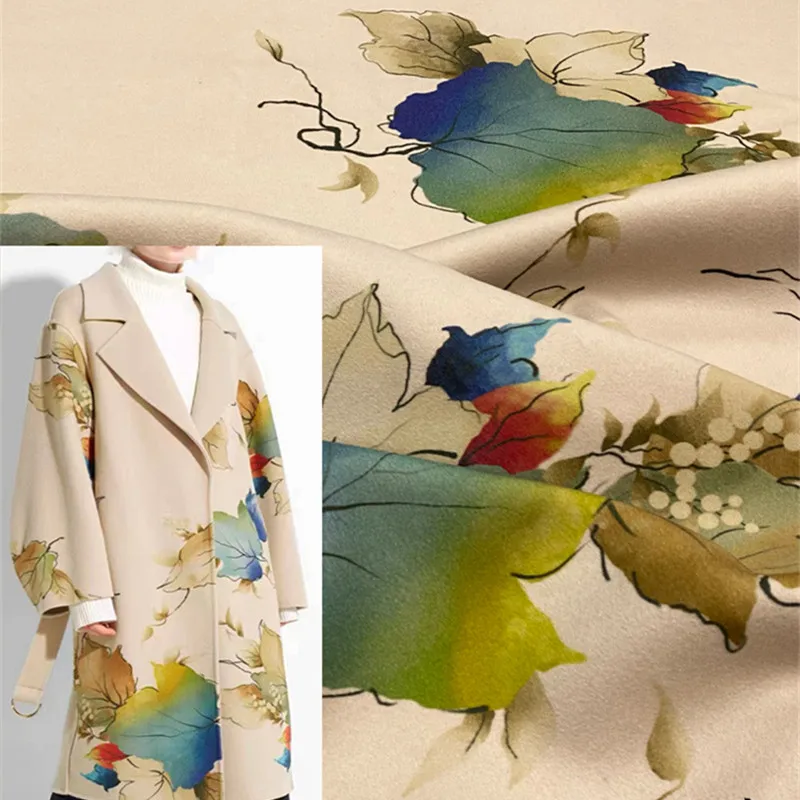 Classic Double-sided Cashmere Print Apricot Color Leaves Light Luxury Pure Wool Fabric Coat Scarf Other Clothing Sewing Fabrics