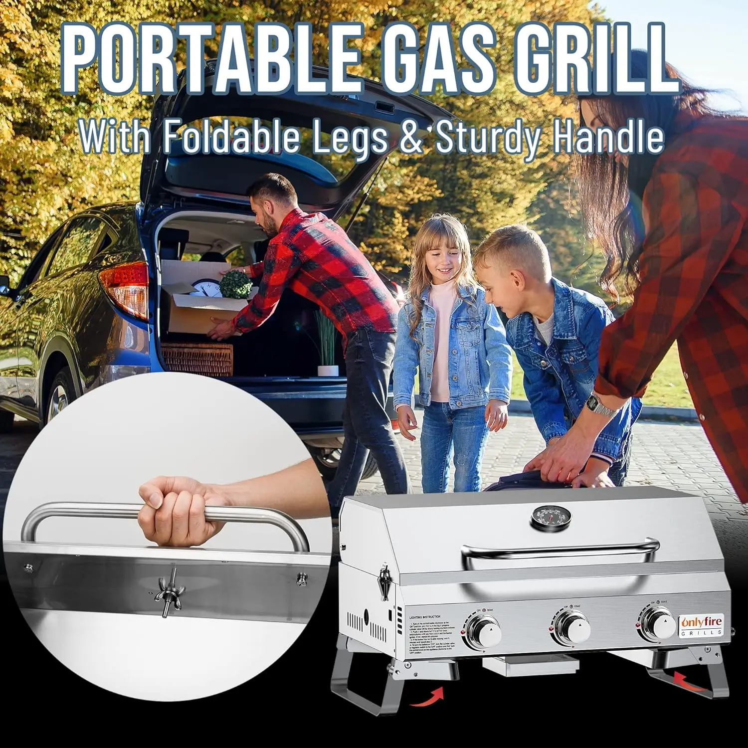 Tabletop Gas Grill 3 Burners,24" Stainless Steel Portable Propane Grill with Foldable Legs RV Trip, Heavy Duty & 24000BTU, GS307