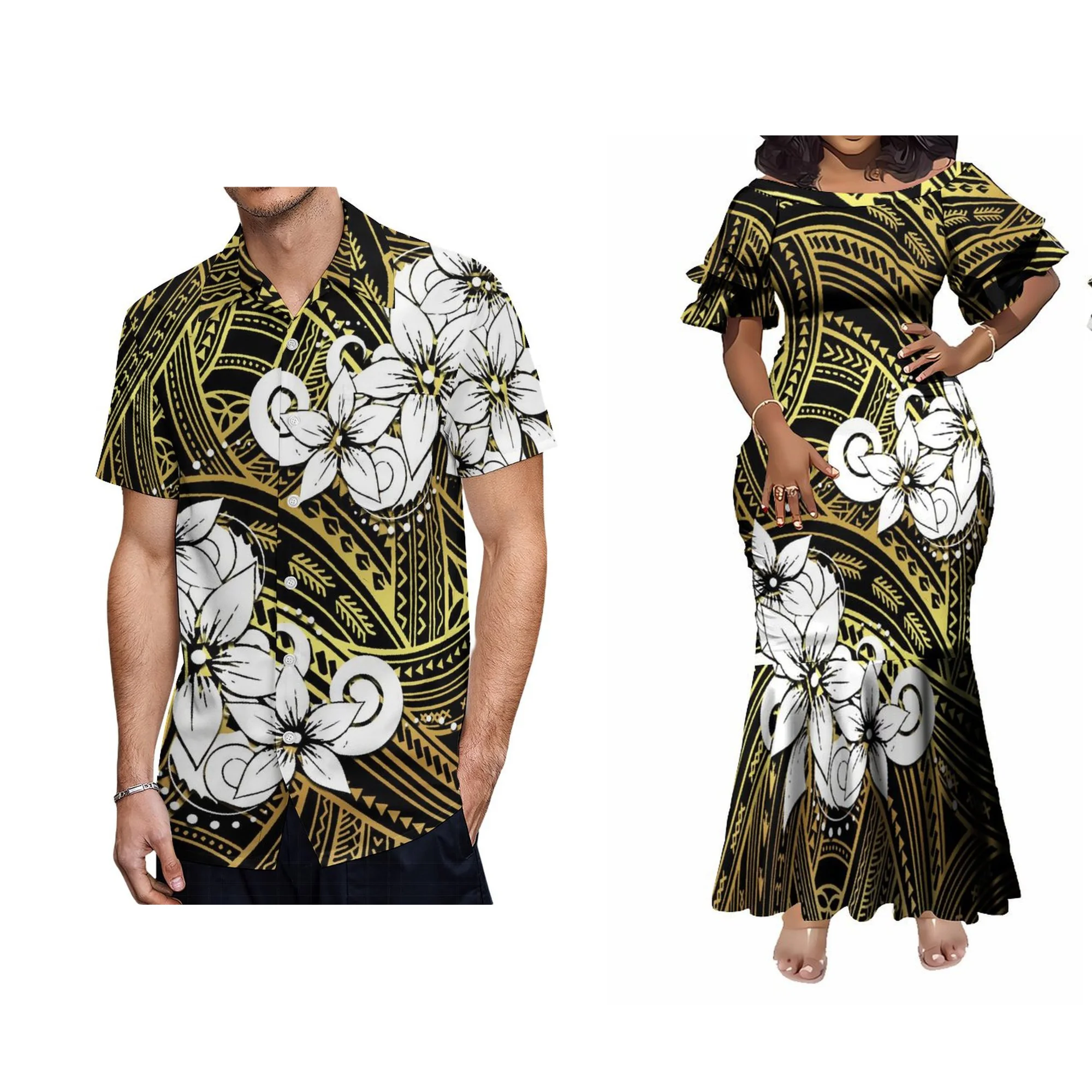 Nova fábrica atacado personalizado havaí impressão senhoras vestido tripulação pescoço dupla camada plissado manga sereia vestido