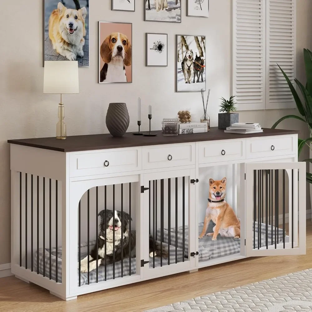 

86.6" Dog Crate Furniture for Large Breeds, Wooden Double Dog Crates Kennel Cage Furniture Style TV Stand Side End Table