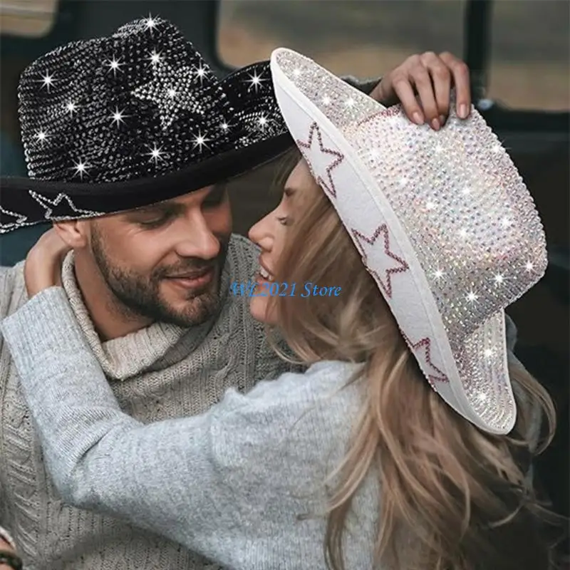 

G5GC Полная страза Top Hat для женщин с пятью заостренными звездными шаблонами Wide Brims Hat для музыкального фестиваля