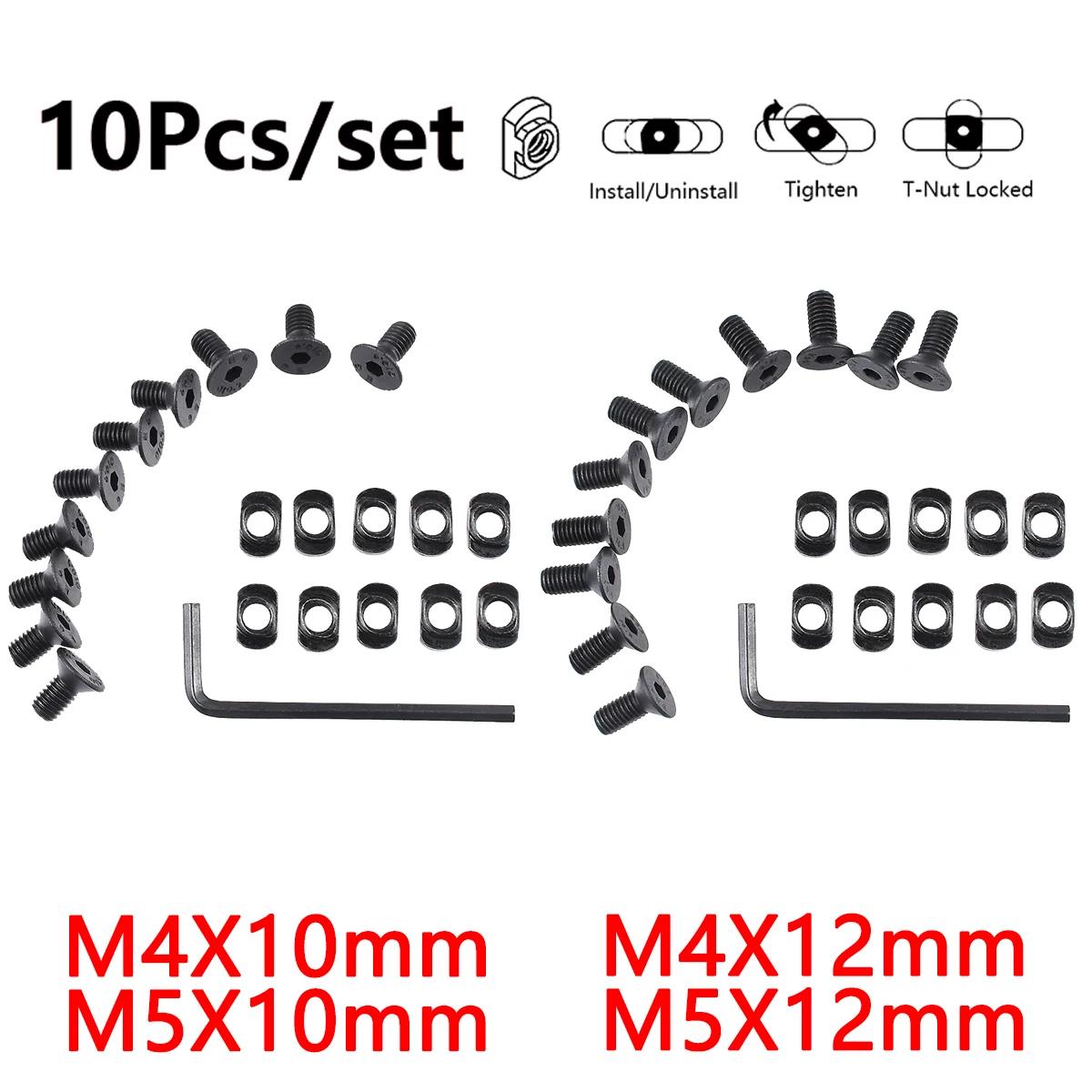 10Pcs M4 M5 12mm 10mm Thread M-LOK Screw Nut Replacement Rails T-Nut Screw Set MLOK Handguard Rail Sections Hunting Accessories