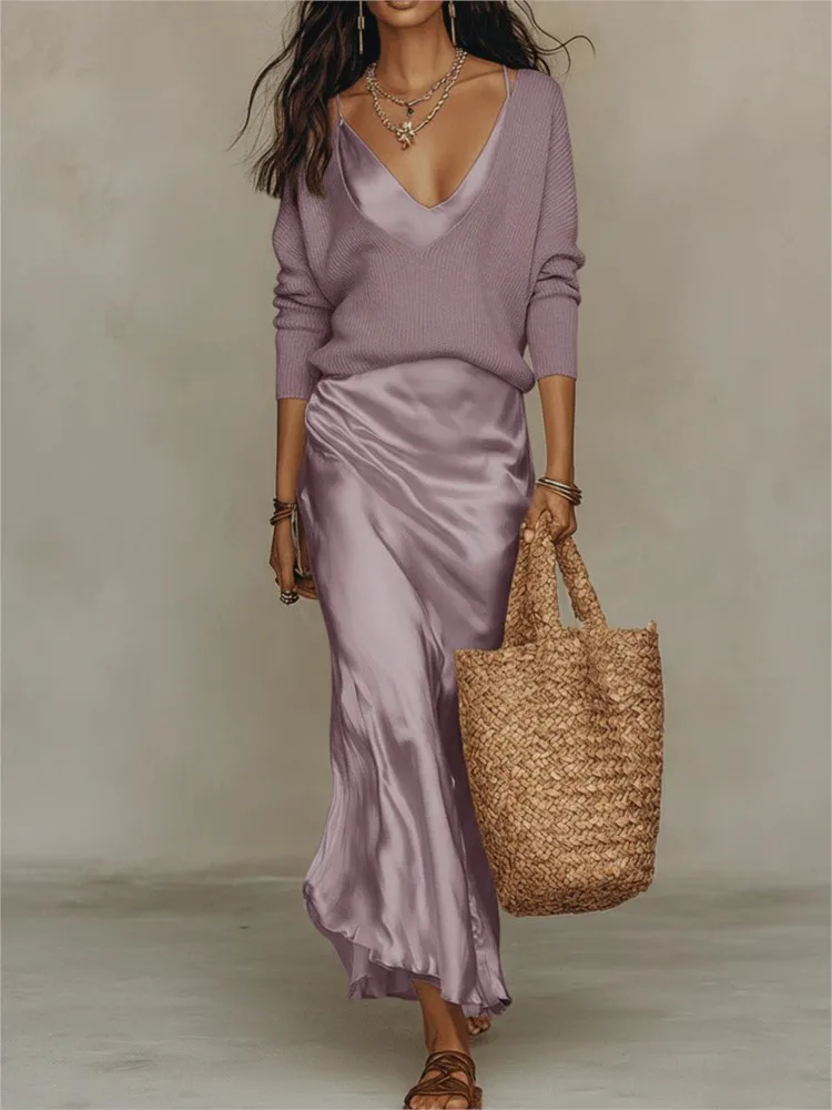 Lente Zomer Nieuwe Effen Satijnen Jurk met Bretels en Gebreide Top 2-delige Elegante Dames Slim Fit Lange Jurk Set 2026 - afbeelding 1