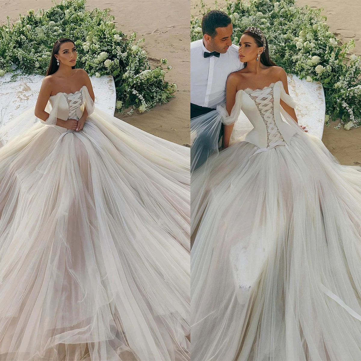 

Gorgeous Ball Gown Wedding Dresses Sexy Sweetheart Big Tulle Lace-Up Lace Bridal Gowns Custom Made Sweep Train Robe De Mariee