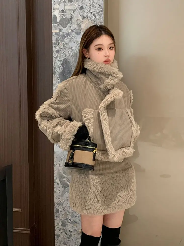 MiiiiX Retro Fashion Suits Plush Splicing Furry Coat Thicken Jacket High Waist Short A-line Skirt Winter Women's Two-piece Set