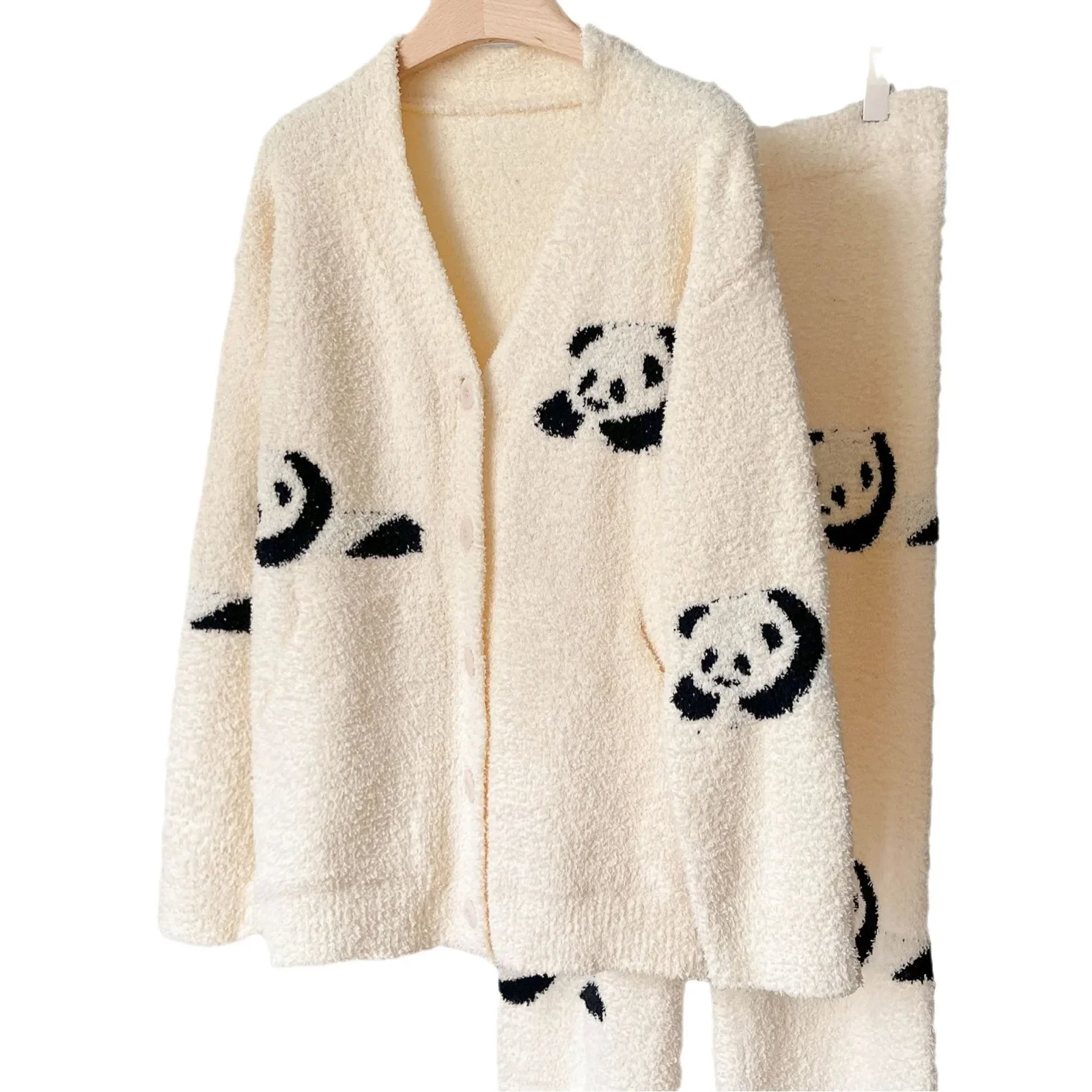 Thick Furry Flannel Cardigan Trouser Suit Plush Women 2PCS Pajamas Sleepwear Set Autumn Winter Loungewear Cartoon Panda Homewear