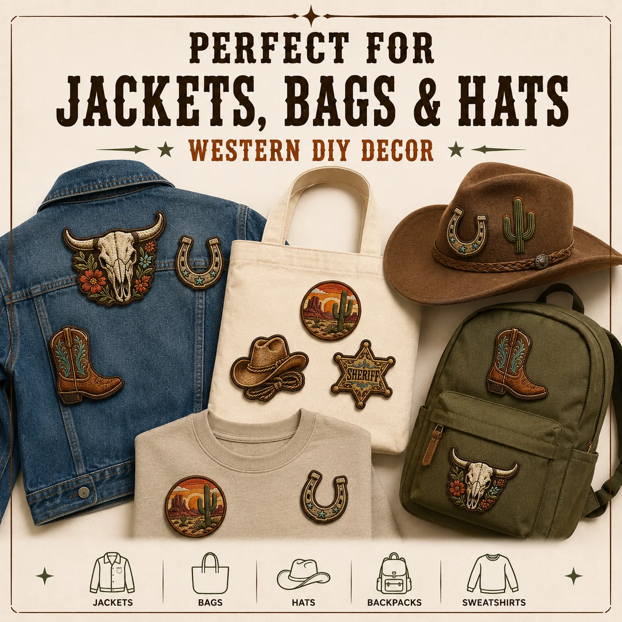 Western Cowboy Embroidery Patches Custom Boot Hat Rope Cactus Bull Skull Iron On Sew On for Clothing Bags Hats Rodeo Gifts