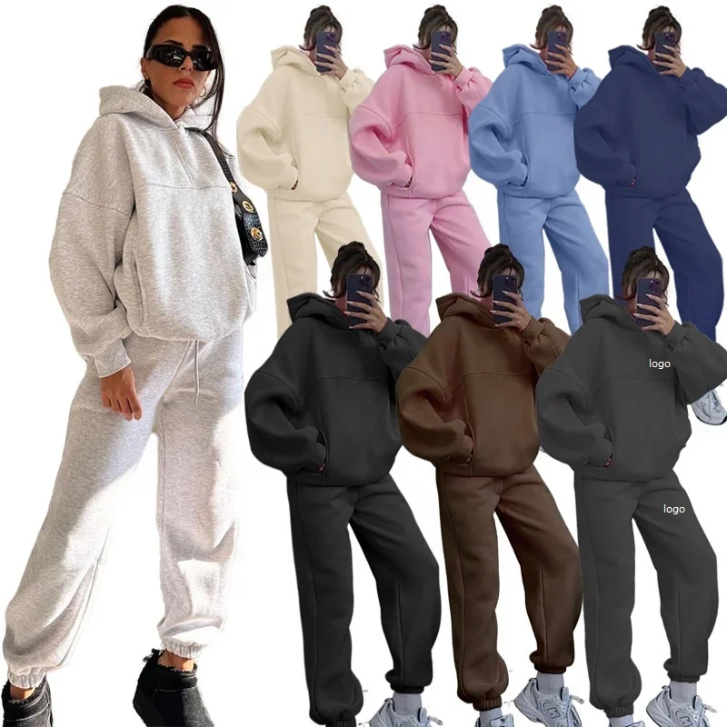 

Winter Fashion Sport Sweatshirt And Trousers Set Hoodies Jogger Suit Set Thick Women's Hooded 2 Pieces Sweatsuit Set