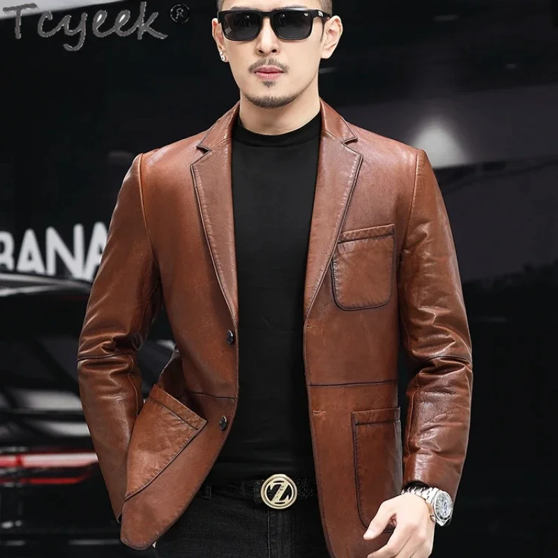 Tcyeek 100% Genuine Leather Man Jackets Real Sheepskin Leather Coat Spring Autumn Clothes Business Casual Suit Jacket Slim Fit