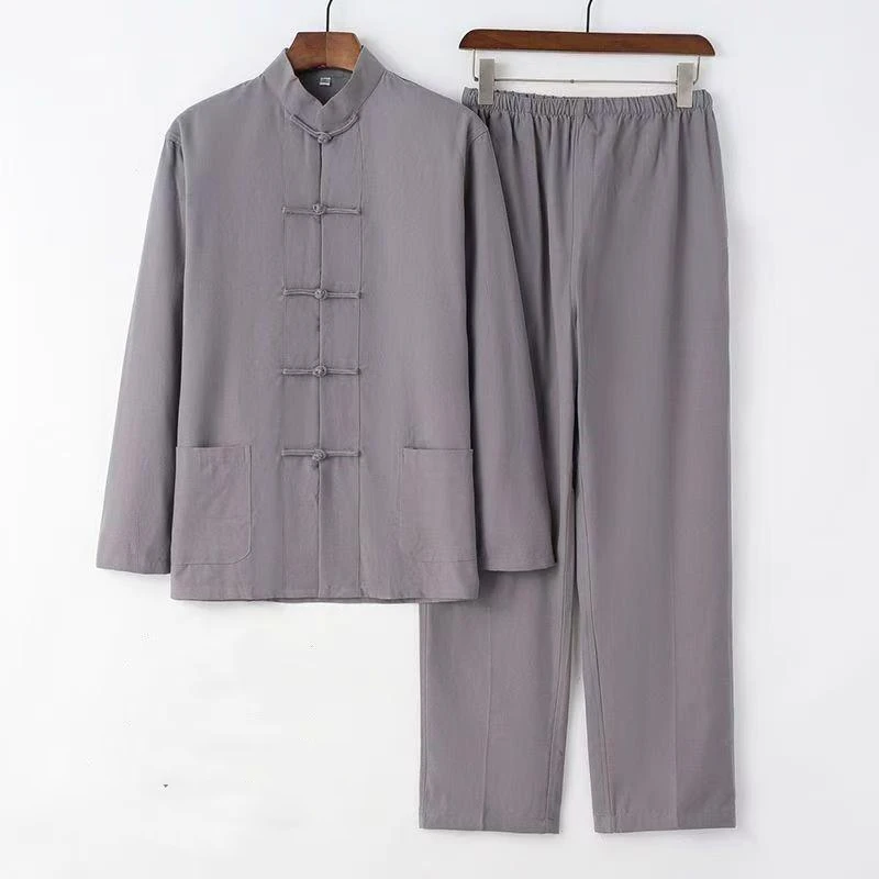 New Autumn Cotton Linen Long Robe Set for Men Chinese Style Long Sleeve Outfit Comfortable Wear for Middle-Aged and Elderly Dads