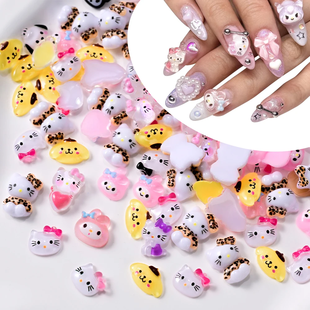 50 Uds. De dijes para decoración de uñas de leopardo Hello Kitty, serie familiar Kawaii Sanrio, joyería artística para uñas, funda para teléfono, horquilla, decoración de uñas artesanal Y2K