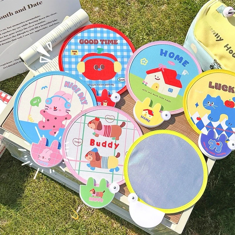 Cartoon Small Round Fan Portable Folding Reflector Small Fan New Creative Summer Student and Children's Pocket Hand-cranking Fan