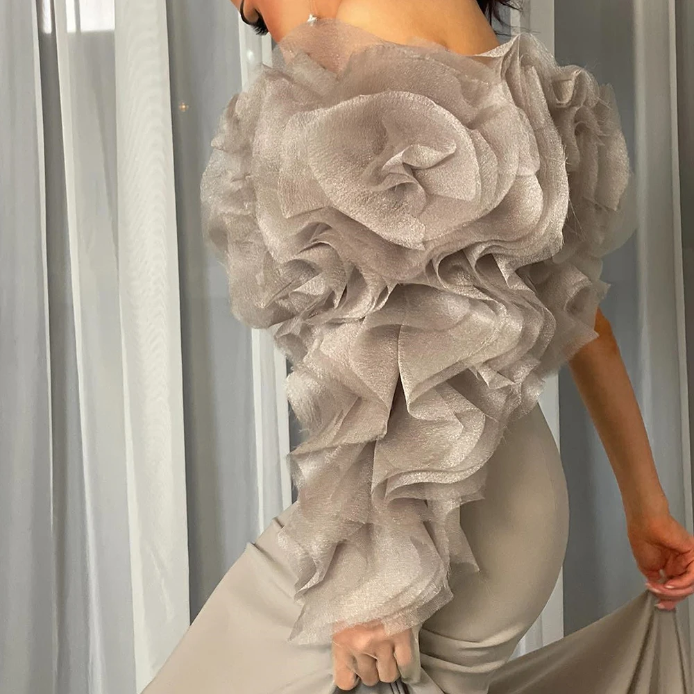 Graceful Flowers One Shoulder Jersey Evening Dresses Fashion Straight Floor Length Strapless Long Sleeves Special Occasion Gowns