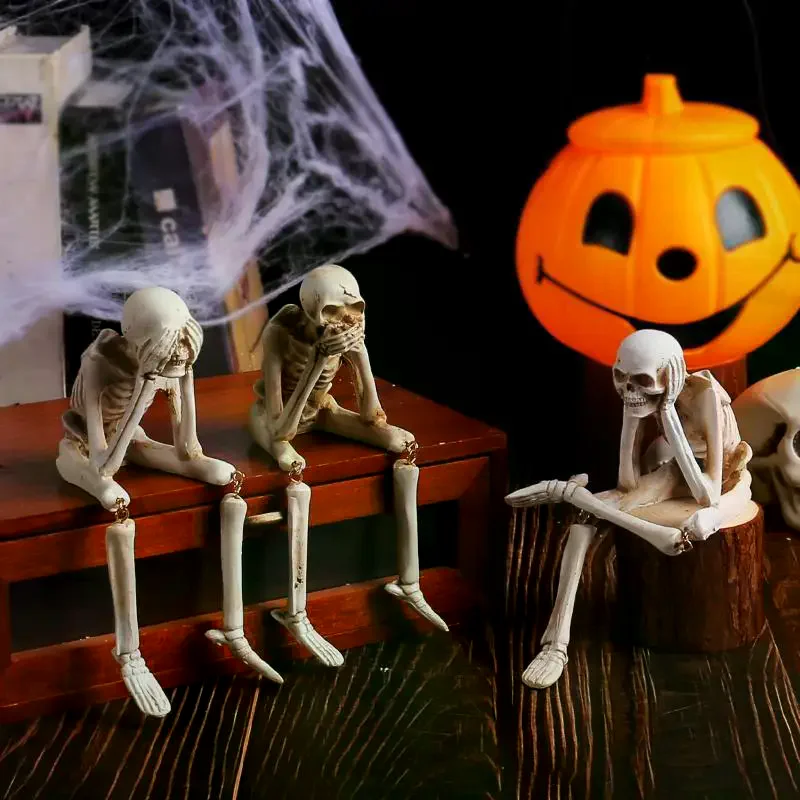3 Pcs Resin See Hear Speak No Skeleton Figurines With Dangling Legs For Halloween Decor Spooky