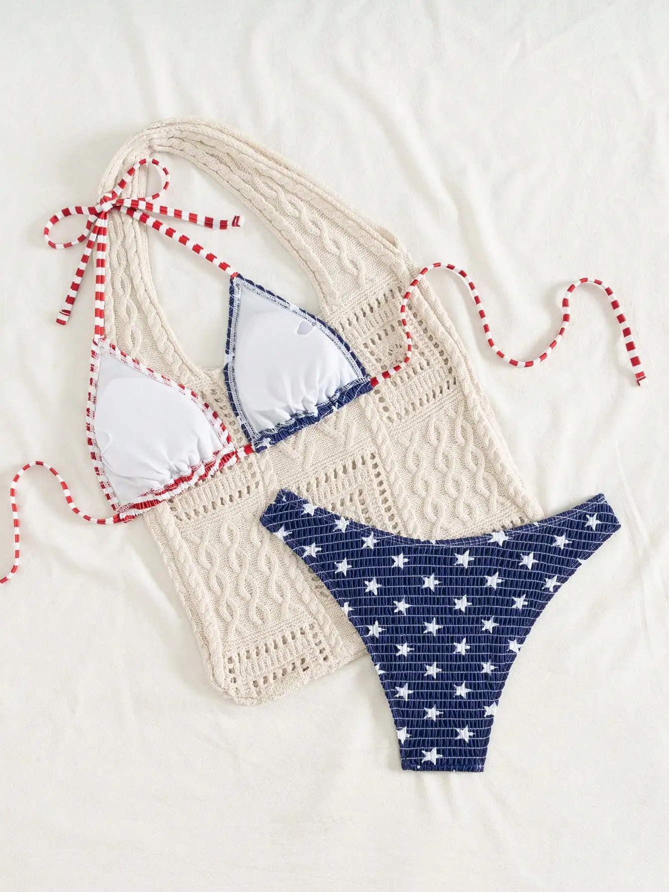 

USA Flag Print Halter Backless Bikini Set With Side Strap For Women
