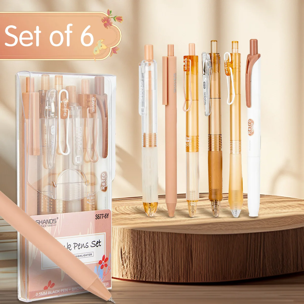 5pcs 0.5mm Gel Tip Journaling Pens + 1 Fluorescent Highlighter Retractable Clear Barrel Regular Pens for Office School Supplies