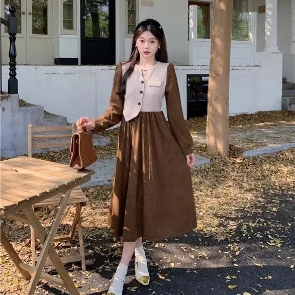 

Fake Two-Piece Long-Sleeved Dress Women 2024 New Autumn Korean Style Waist-Cinching Versatile High-End Mid-Length A-Line Skirt