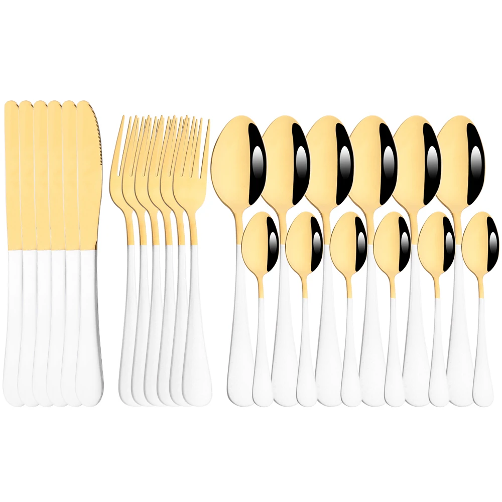 

Drmfiy White Gold Dinnerware Set 24Pcs Quality Stainless Steel Cutlery Set Luxury Tableware Knife Fork Spoon Western Silverware