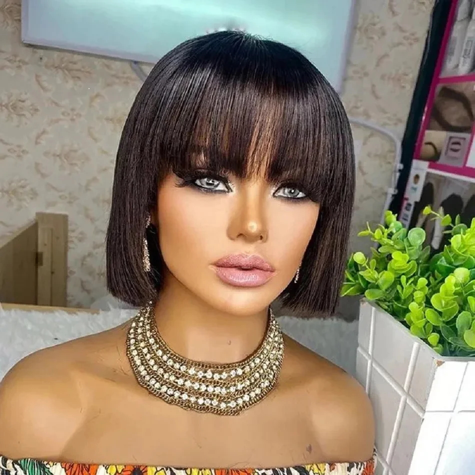 

Straight 3x1 HD Lace Closure Wig Human Hair Wigs With Bangs Neddie Wig Wear And Go Full Machine Made Fringe Short Bob Wigs