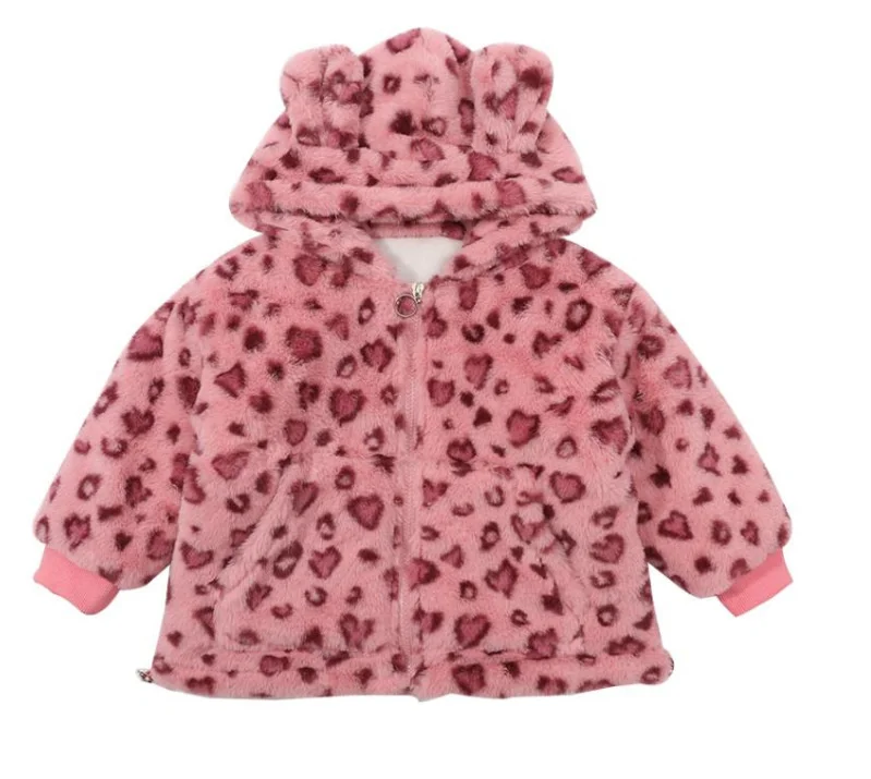 2022 Plush girls\' Pink Leopard Print Plush coat baby winter clothes children\'s Korean version western style hooded top fashion