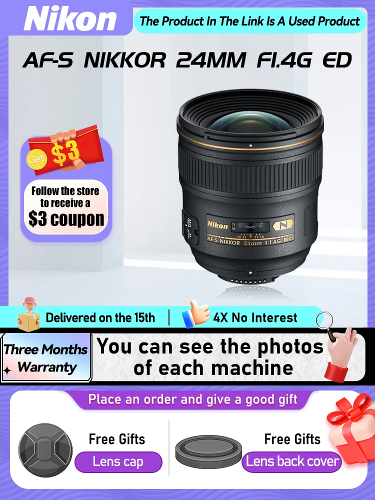

Nikon Nikkor AF-S 24 мм F1.4G F1.8G 14 мм F2.8D 10,5 мм F2.8G Полнокадровый широкоугольный объектив для зеркальной камеры D6 D850 24 1,4 (б/у)