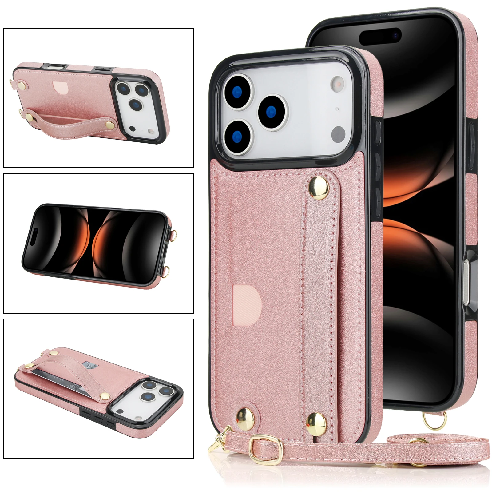 Umhängetasche, Armband, Karte, Solt, Brieftasche, Ledertasche für iPhone 17 Pro Max 16 Plus, 15 14 13 12 11, langes Lanyard, Taschengurt, Rückseite