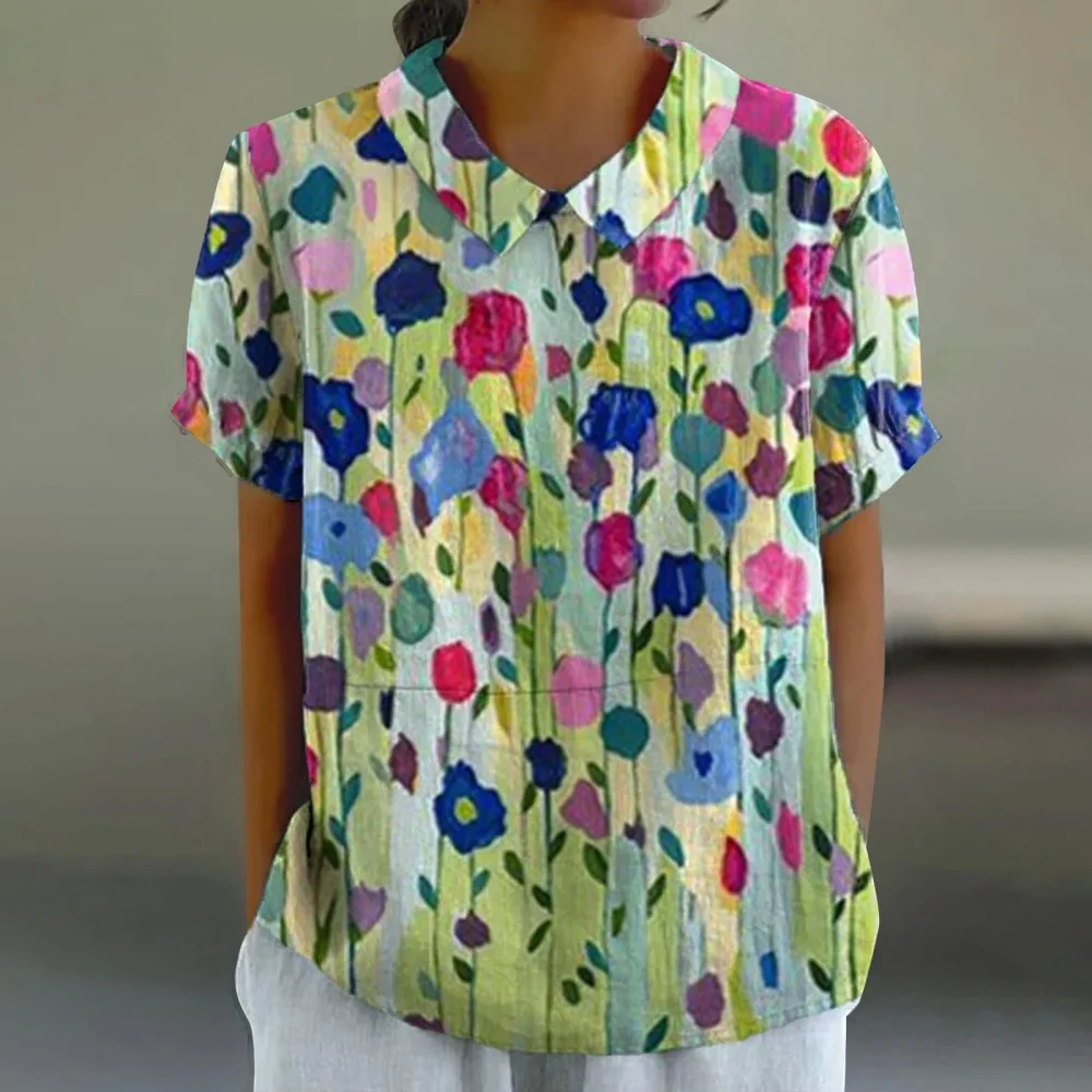 Женская рубашка поло с короткими рукавами и цветочным принтом в стиле пэчворк, летний уличный пуловер, модная женская одежда больших размеров