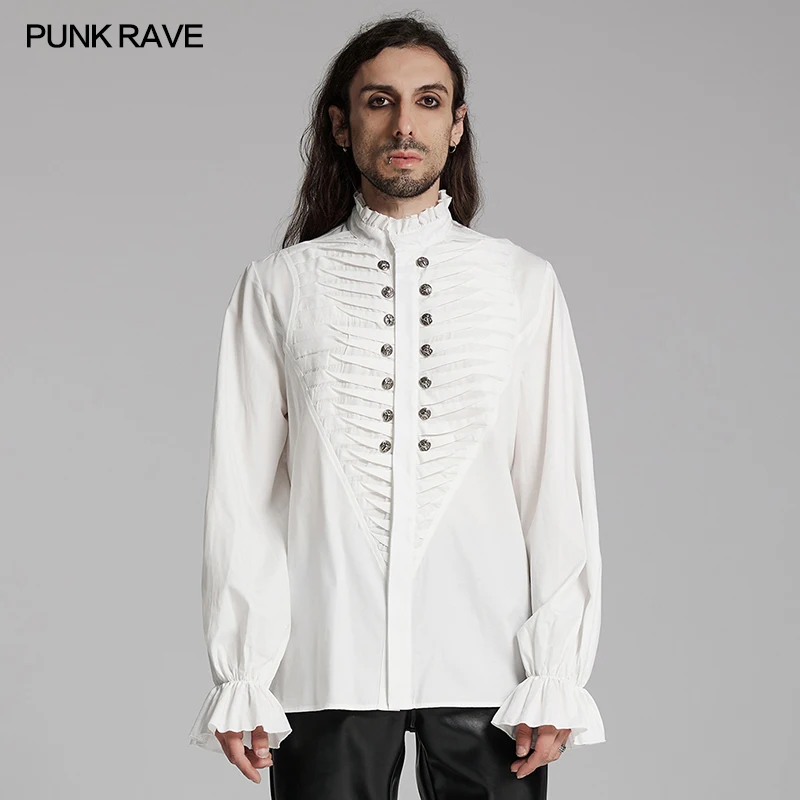 PUNK RAVE Men's Gothic 3D Pleated Shirt Exquisite Metal Beast Head Buckles Arty Club Tops Two Colors Available Men Clothing