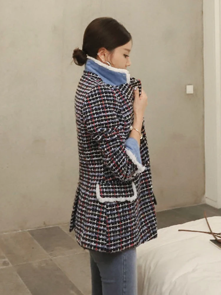 Moda elegante donna Tweed Outwear Casual retrò Plaid doppio petto bottone perla Lady Femme Mujer autunno inverno giacca cappotto