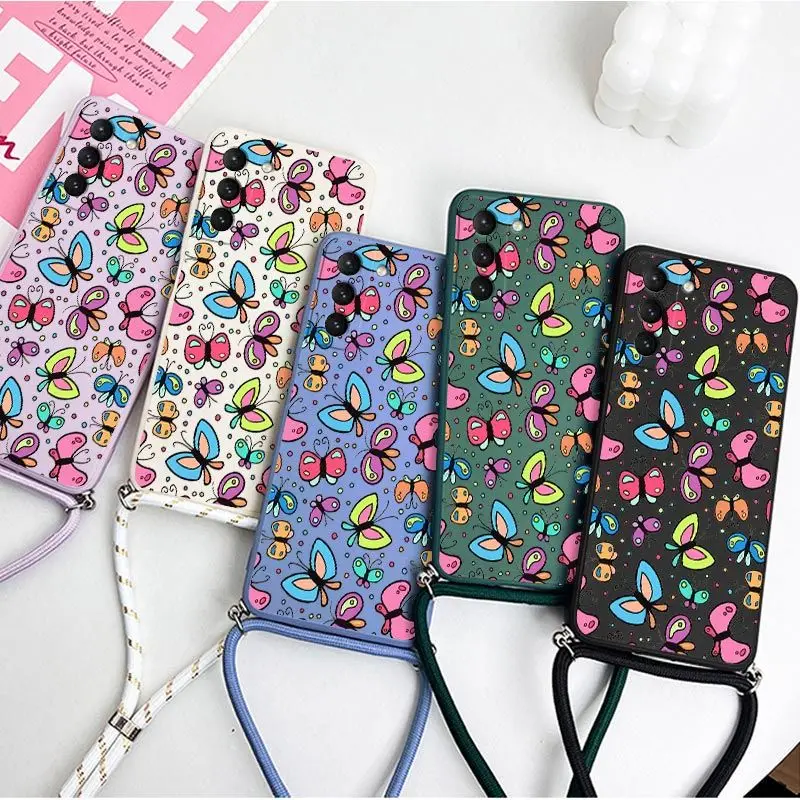 Charm Butterfly Crossbody Lanyard Silicone Phone Case For Samsung Galaxy S23 S22 S21 S10 S9 S8 Plus Note 20 ultra 10 Plus Cover