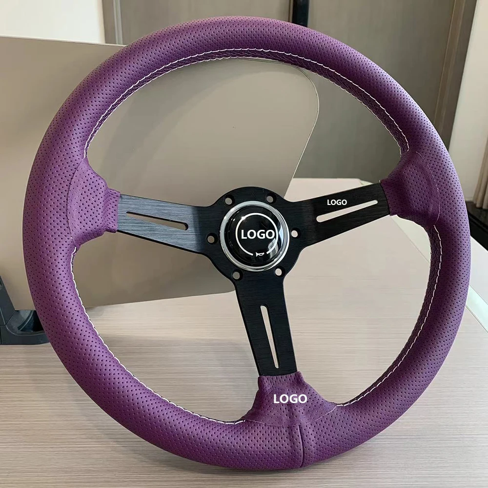 

Tiypeor 14inch 350mm Purple Perforated Leather Steering Wheel Universal Racing Drifting Steering Wheel Black Spoke