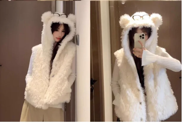 Women's Autumn Winter New Thickened White Warm Plush Hooded Vest Fashion Loose Cute Age-reducing Versatile Sleeveless Coats