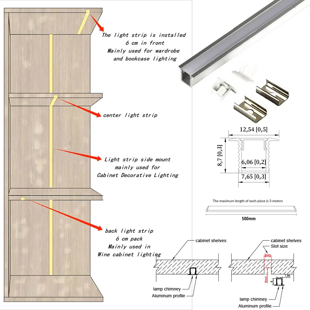 8*9mm 1pcs 0.5m Distinctive LED Aluminum Profile Strip Light for Embedded Installation in Cabinets and Wardrobes