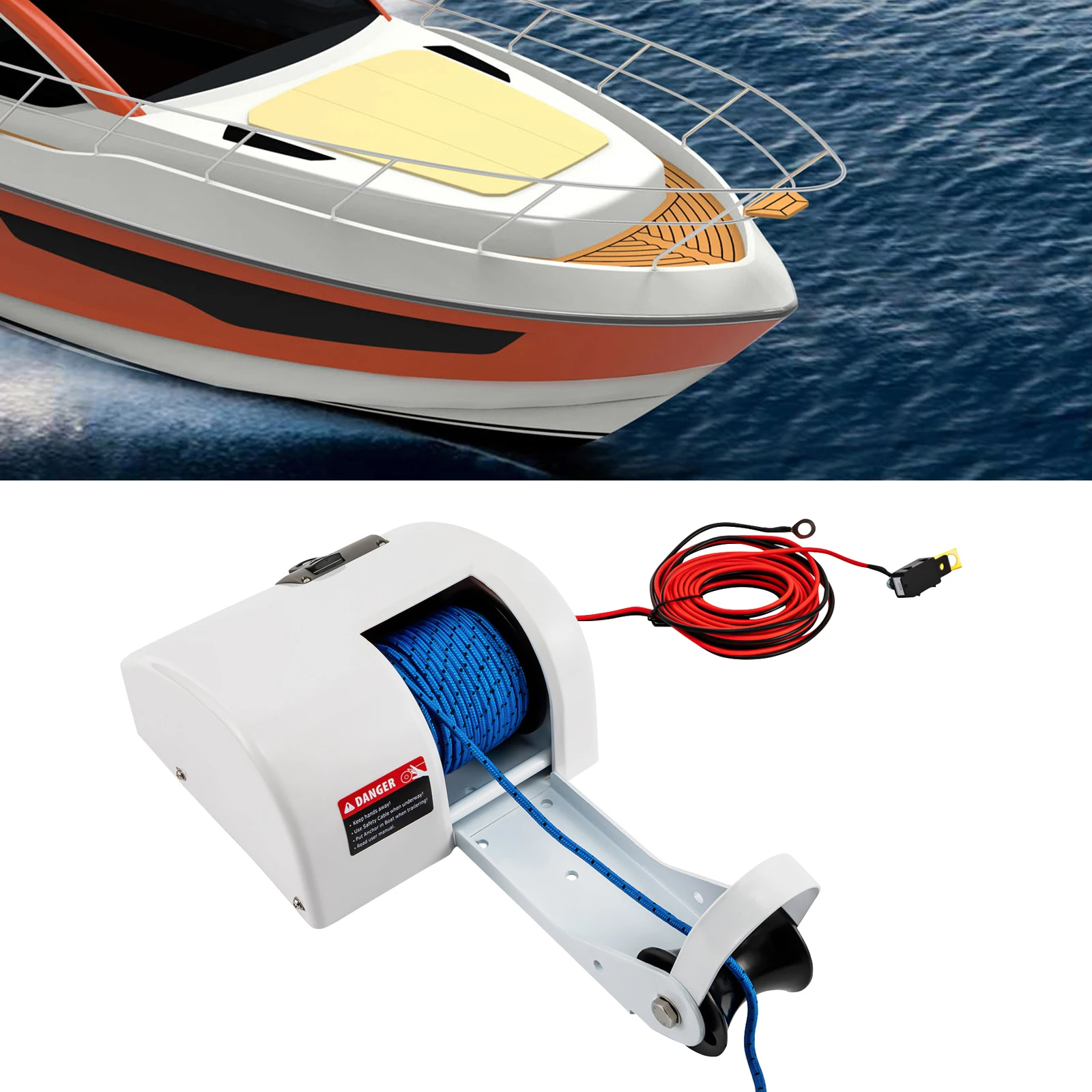 12V Electric Boat Anchor Winch with Remote Control Automatic Resetting Circuit Breaker Anchors Up to 45 lb